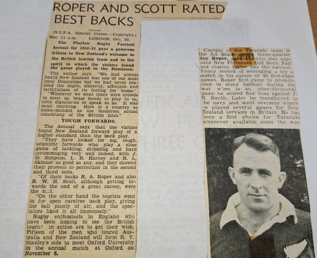 Clippings from scrapbooks kept by the oldest living All Black, Roy Roper, who turned 100 on...