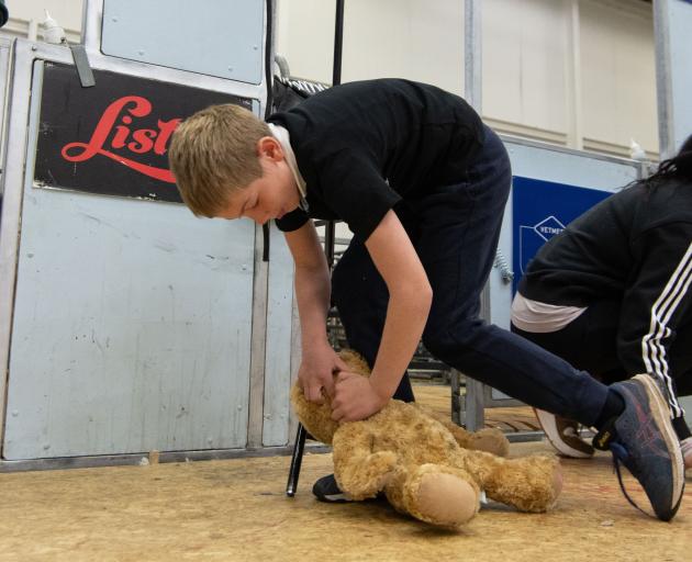 Harrison Lilley, 8, of Australia, takes part in the Teddy Bear Shear on Saturday.