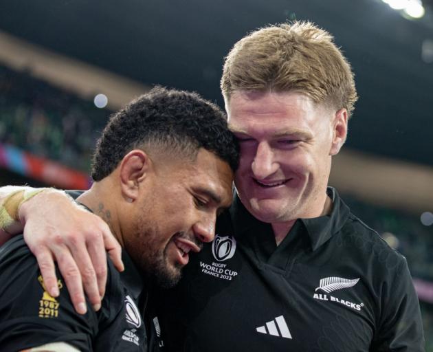 Jordie Barrett celebrates the victory with Leicester Fainga'Anuku. Photo: Getty Images
