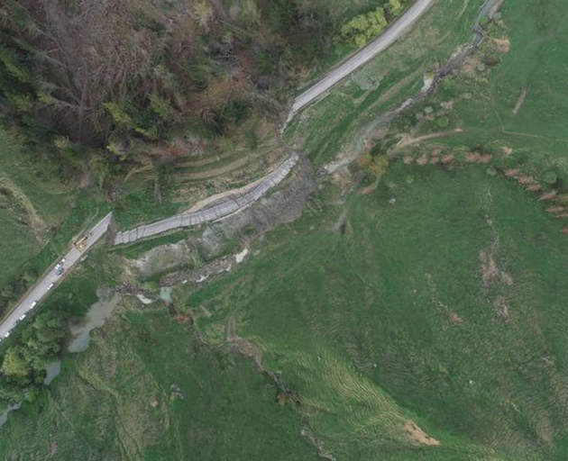 of Tiniroto Rd in Gisborne after it was wiped out by a landslide last night. Photo / Gisborne...