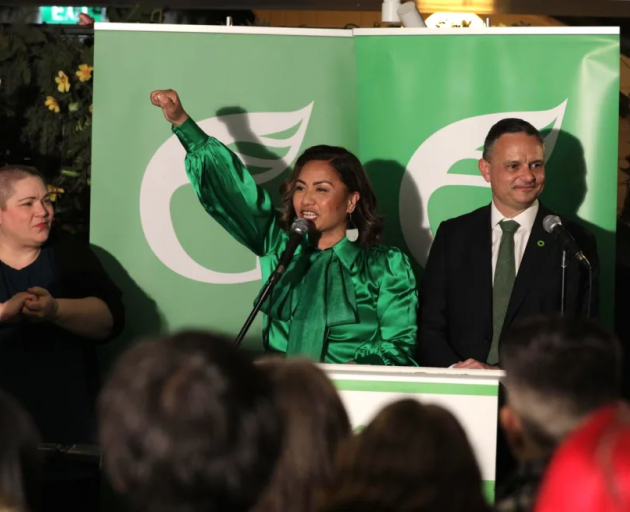 Green Party co-leaders Marama Davidson and James Shaw on election night. Photo: RNZ / Cole...
