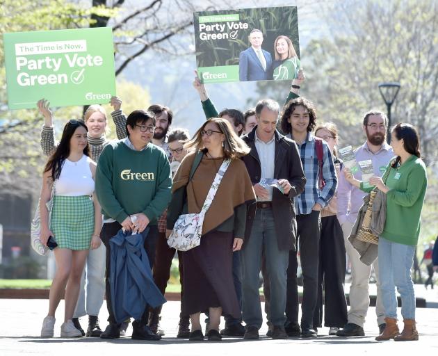 Green Party Dunedin candidate Francisco Hernandez (left), co-leader Marama Davidson and Taieri...