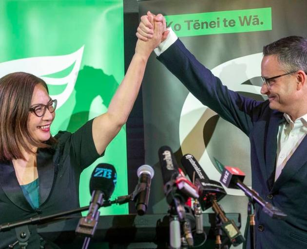 Greens co-leaders Marama Davidson and James Shaw during their election campaign launch in...