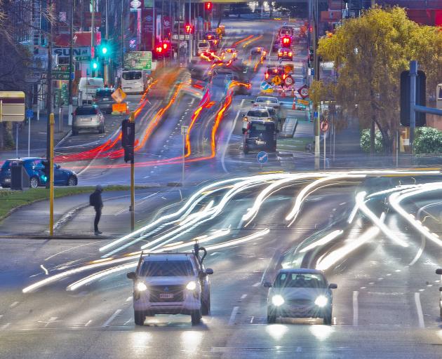 Traffic threads its way north and south on Dunedin’s one-way street system in this time exposure...