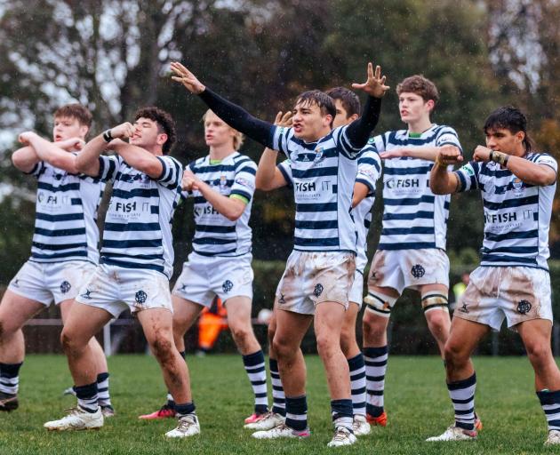 Otago Boys’ pupils perform a haka ahead of their interschool fixture against Southland Boys’ High...
