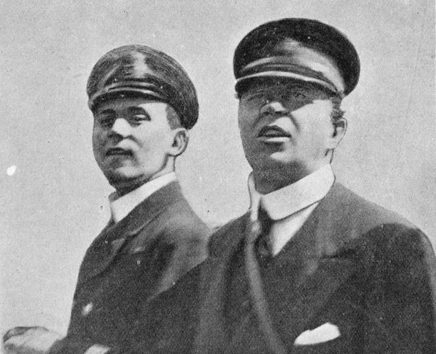 Lieutenant Edward Evans (left) and Captain Robert Falcon Scott on Terra Nova as it left Otago...