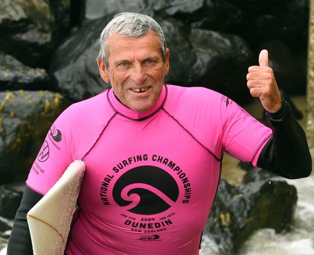 John Gisby is happy after winning the inaugural over-70s division at the 2024 National Surfing...