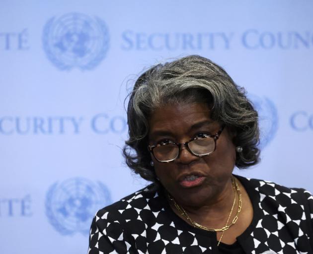 US Ambassador to the United Nations Linda Thomas-Greenfield speaks to reporters following the...