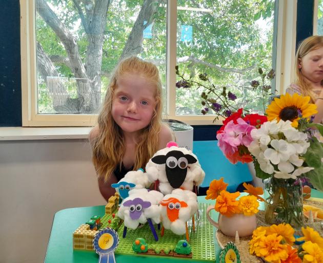Clyde Primary School pupil Ari Pirie, 5, shows off her award-winning model of her sheep and lambs...