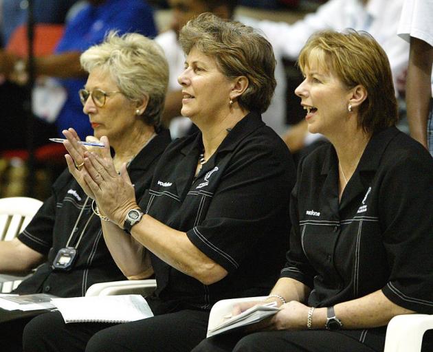 Silver Ferns management team (from left) Sheryl Wells, Leigh Gibbs and Ruth Aitken cheer on the...