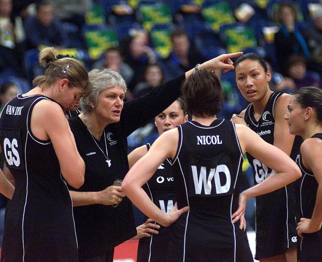 Coach Yvonne Willering (centre) speaks to her Silver Ferns side. PHOTO: GETTY IMAGES