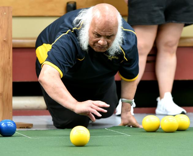 Nooapii Rouvi lets his bowl go at the indoor bowls at the Masters Games yesterday. PHOTO: GREGOR...