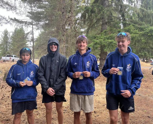 The Timaru Boys’ High School men’s club coxless quad sculls crew of (from left) Mac Brown, Payo O...