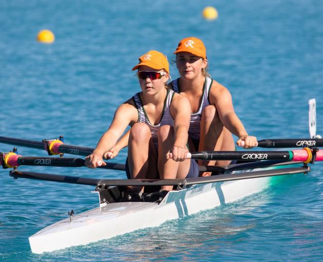 Columba College rowers Matilda Sutton (left) and Fenella Millen compete in the girls under-16...