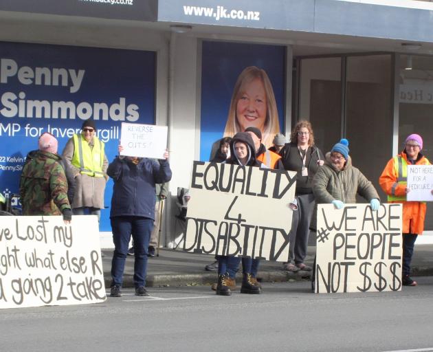 Protesters outside Minister for Disabilities Penny Simmonds’ electorate office in Invercargill on...