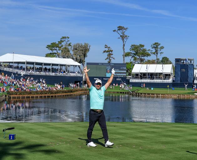 Ryan Fox celebrates his hole-in-one on the famous 17th at the Players Championship. Photo: Getty...