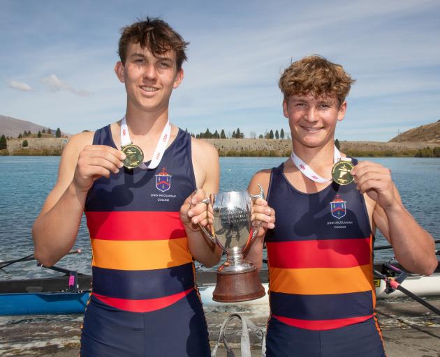 Matthew O'Meara (left) and Angus Loe celebrate winning the boys under-18 double sculls at Maadi...