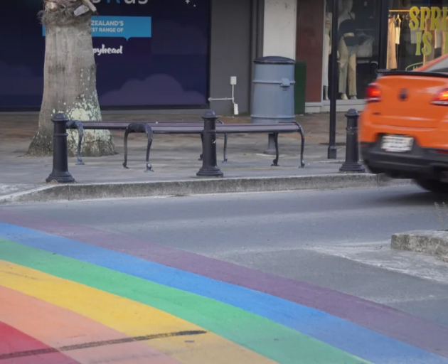 How the rainbow crossing looked before it was painted over. Photo: RNZ / Kate Green