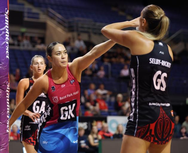 Southern Steel goal keeper Taneisha Fifita defends the shot of Te Paea Selby-Rickit during last...