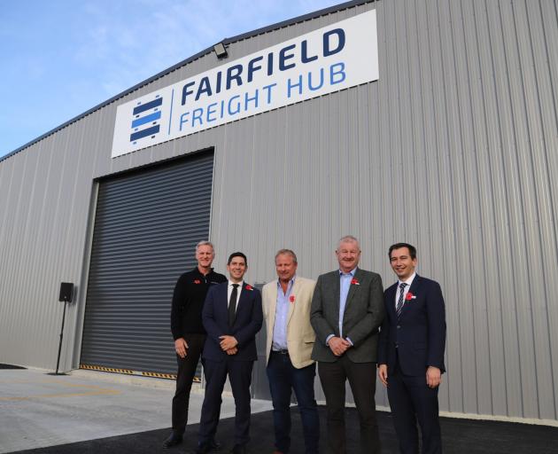 Celebrating the opening of the Fairfield Freight Hub are (from left) KiwiRail chief executive...