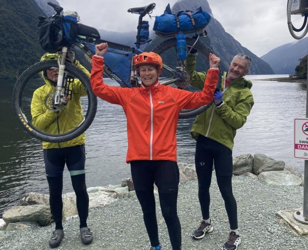 Celebrating completing the Sound to Sound bike event from Marlborough to Milford Sound are (from...