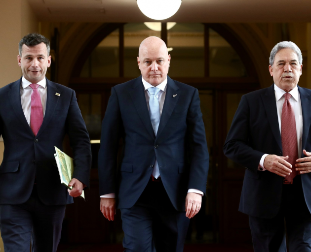The three coalition leaders arrive for the announcement. Photo: NZ Herald