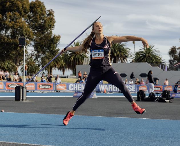 New Zealand javelin thrower Tori Peeters throws a javelin at the 2024 Sir Graeme Douglas...