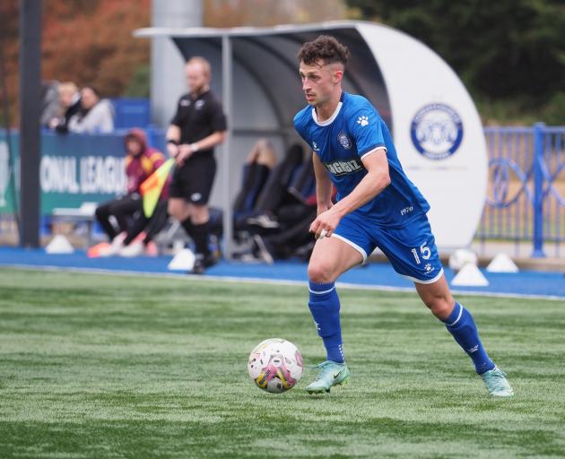 Christchurch United captain Joel Stevens on the ball during his side's 4-3 win over Universities....