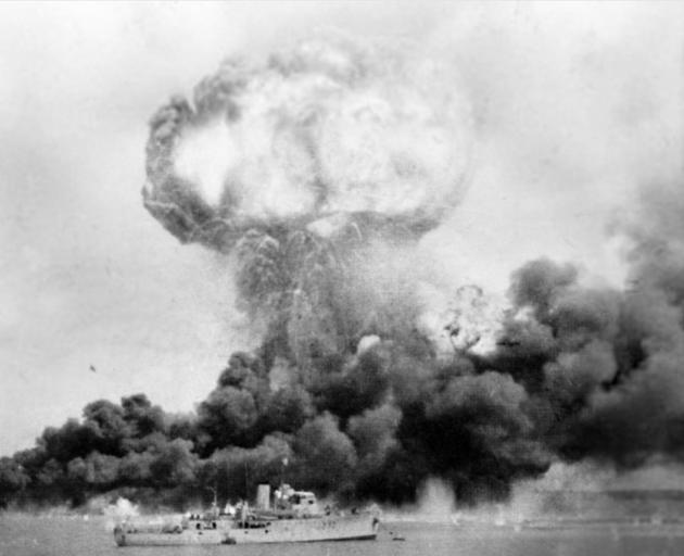 The Neptuna explodes at Darwin, 1942. PHOTO: ROYAL AUSTRALIAN NAVY
