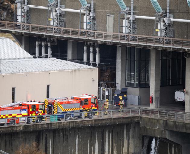 Emergency services at Clyde Dam after reports of smoke. Photo: Shannon Thomson