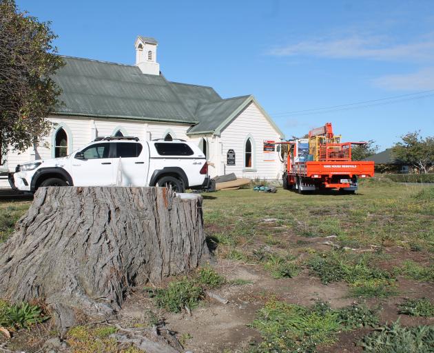 A tree stump remains on the grounds outside Lumsden Presbyterian Church. Work began for the...