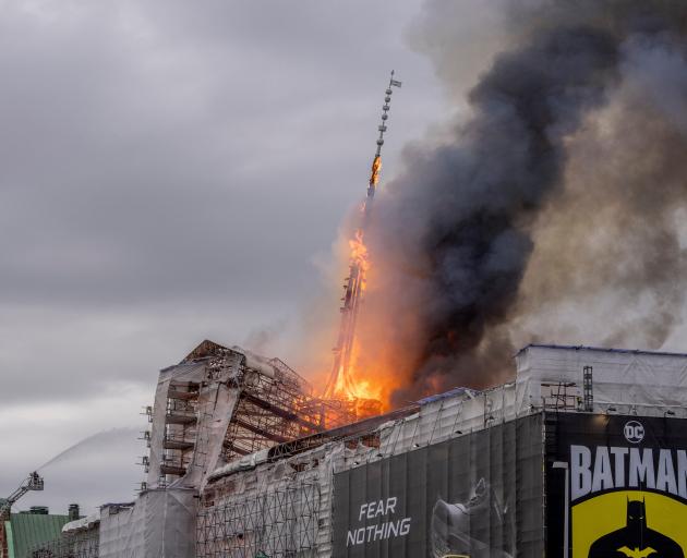 The Dragon Spire of the Stock Exchange burns in Copenhagen. Photo: Ritzau Scanpix/Ida Marie...