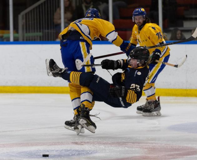 Stampede’s Axel Ruski-Jones flattens West Auckland Admirals’ Ben Stephen during last Friday’s...