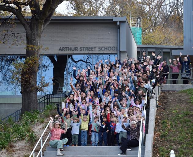 Arthur Street School pupils celebrate the opening of their new classrooms. PHOTOS: PETER MCINTOSH