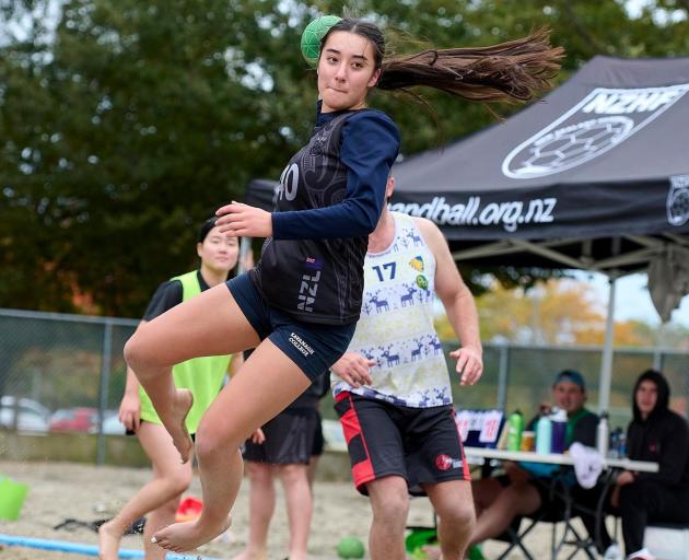 Aya Oseki (Trinity) competes in beach handball. Photos: supplied