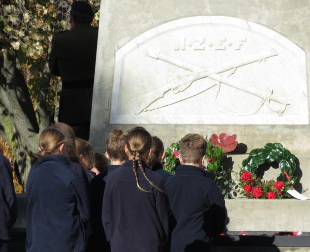 Pupils from Goldfields Primary School pay their respects at the Cromwell Cenotaph during the...