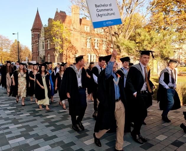 Lincoln University graduates in central Christchurch on Friday. Photo: Geoff Sloan