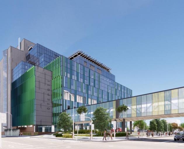 The new Dunedin hospital’s eastern facade and link bridge as envisioned from St Andrew St.