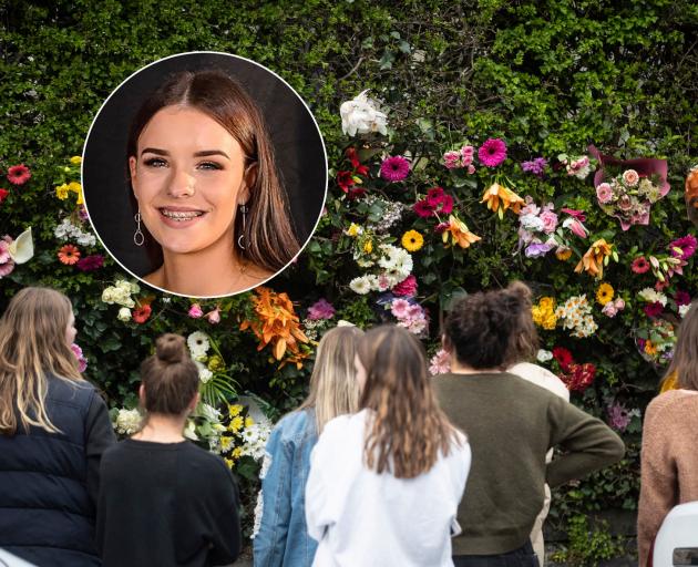 Students gather outside the flat where Sophie Crestani (inset) died in 2019.