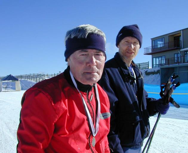 Merino Muster race director John Burridge, when he was 63, with Invercargill skier Bruce Thomson...