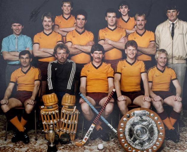 The Tinwald Hockey Club men's senior team of 1986, captained by Murray Bonnington (seated with...