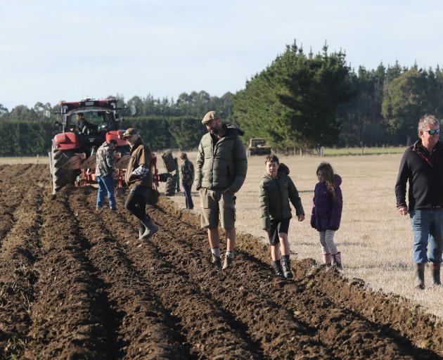 Locals and visitors look over the furrows cut by Flynn Shore, one of the many displays at the...