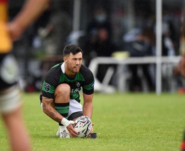 Sam Briggs of South Canterbury looks to kick a penalty kick during the Meads Cup Final match...