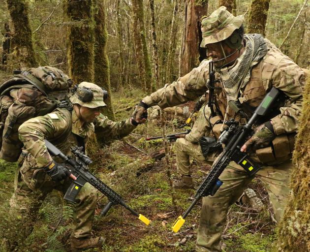 Platoon Sergeant Ivan Barclay, of Timaru, helps another soldier to ford a stream in the dense...