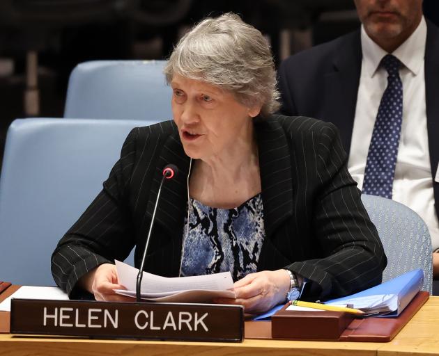 Former Pm Helen Clark delivers her speech to the UN Security Council in New York. Photo: Getty...
