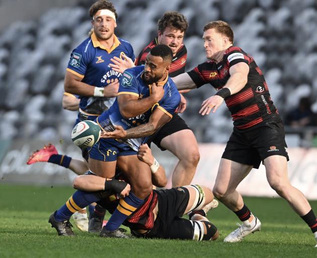 Otago winger Jona Nareki flicks the ball in today's NPC match against Canterbury at Forsyth Barr...