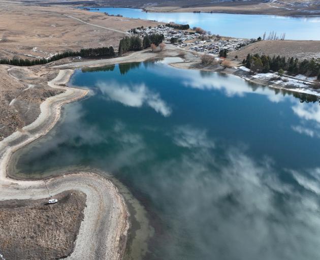 Lake Camp in early August when its level was down to an estimated 3.61m. Photo: Supplied