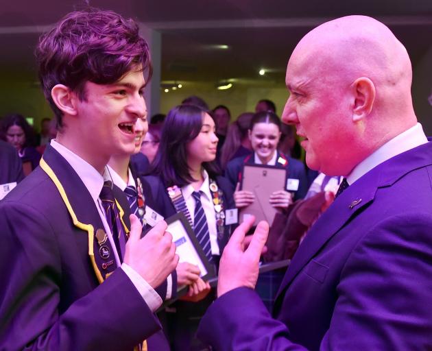 Benjamin Pickering, of Bayfield High School, chats with Prime Minister Christopher Luxon.