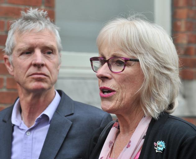 Sophia's parents Bede Crestani and Elspeth McMillan talk to media outside the Dunedin District...