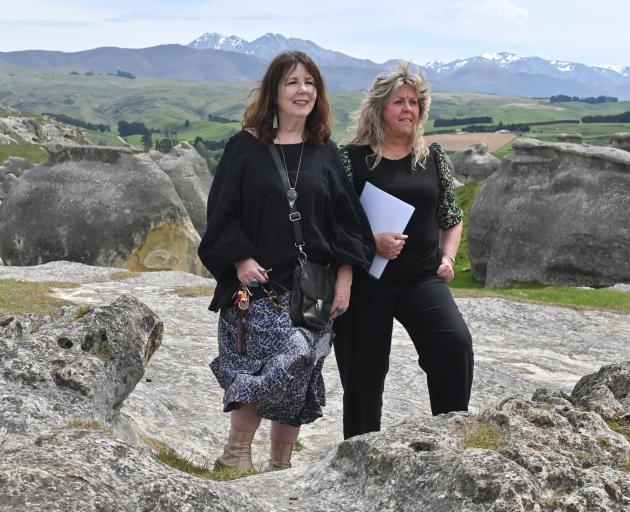 Waitaki Whitestone Geopark general manager Lynley Brownek (left) and Elephant Rocks landowner...